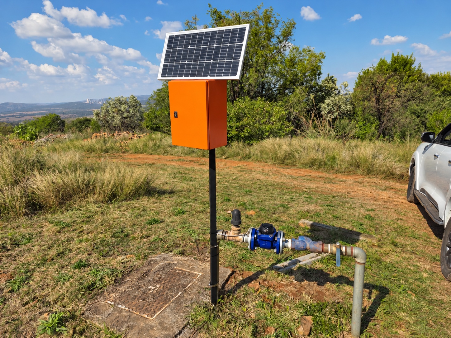 Solar panel above an orange Smarta controller, with a blue flow meter on the borehole pipe below